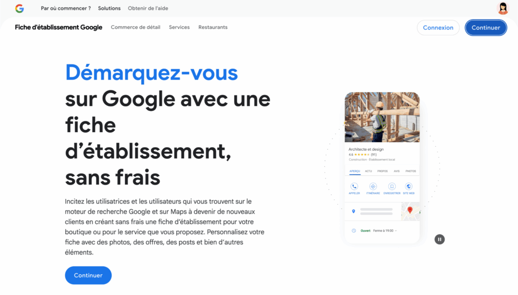 page d'accueil de la création de fiche Google My Business