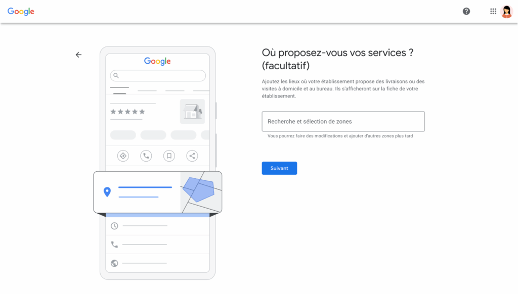 page d'accueil du choix de zone géographique pour le fiche Google My Business