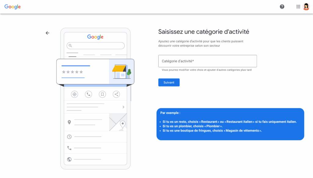 page d'accueil pour choisir sa catégorie d'activité pour sa fiche Google My Business